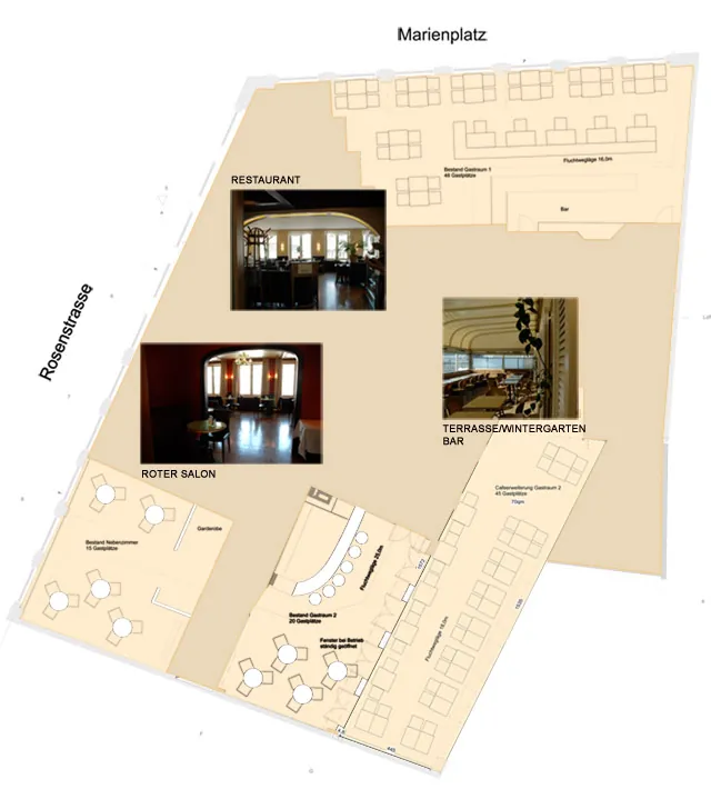 Grundriss des Cafe Glockenspiel mit Restaurant, Rotem Salon, Espressobar und Wintergarten